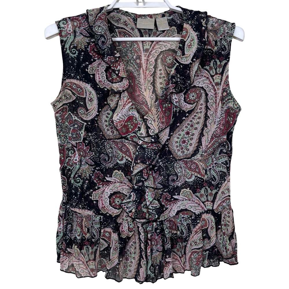 Vintage B. Moss Sheer Dark Paisley Print Sleeveless Blouse S Ruffle Y2K Fairy